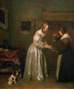 Gerard ter Borch the Younger A lady washing her hands. oil painting on canvas